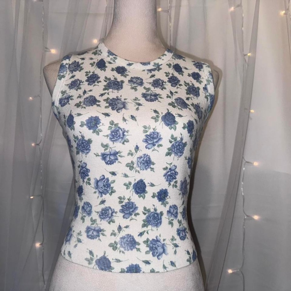 MIXED BLUES, Vintage 90s Blue Rose Ribbed Tank Top Women's Size Medium